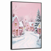 LEINWAND Bilder mit Rahmen - Weihnachtsdorf - Rosa - Winter - Schnee - Häuser - 60x90 - Altrosa, Textil (60/90cm) - MuchoWow