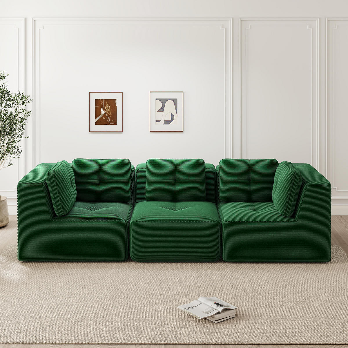 3-SITZER Sofa 297x104x69 cm aus Cordstoff rahmenlos modular, grün - Grün, Textil (104/69/297cm)
