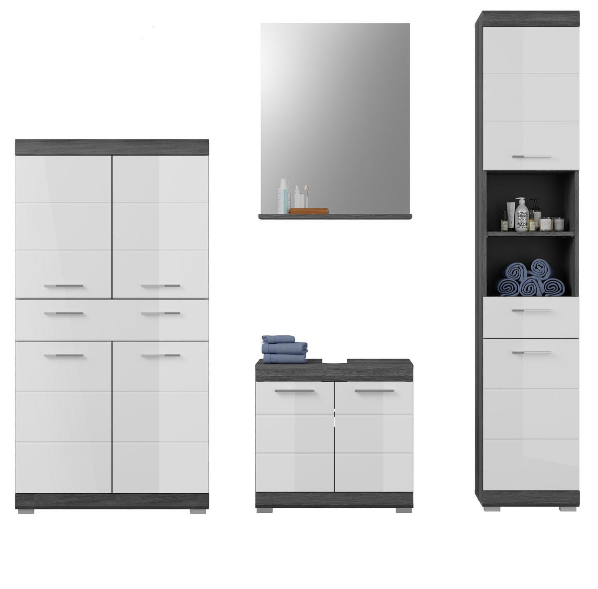 BADMÖBEL-SET weiß Hochglanz, grau 4-teilig 186 cm, Kombination mit viel Stauraum - Weiß Hochglanz/Grau, Holzwerkstoff (186/191/34cm) - Inn.Furn