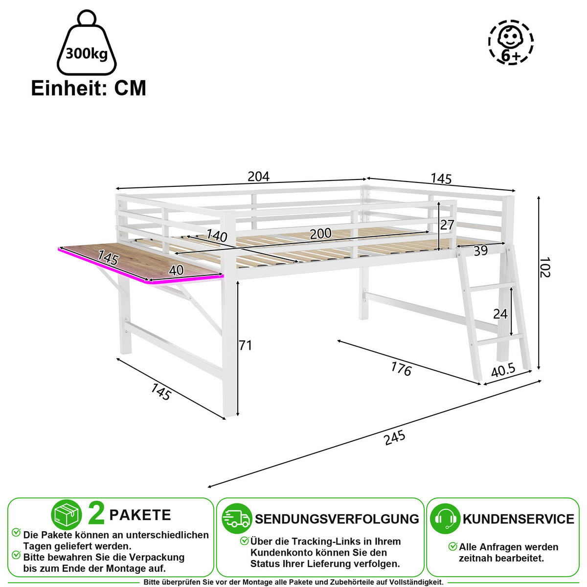 HOCHBETT 140/200 cm in Weiß mit LED, Klapptisch und Leiter - Weiß, Metall (140/200cm) - CHICFURN