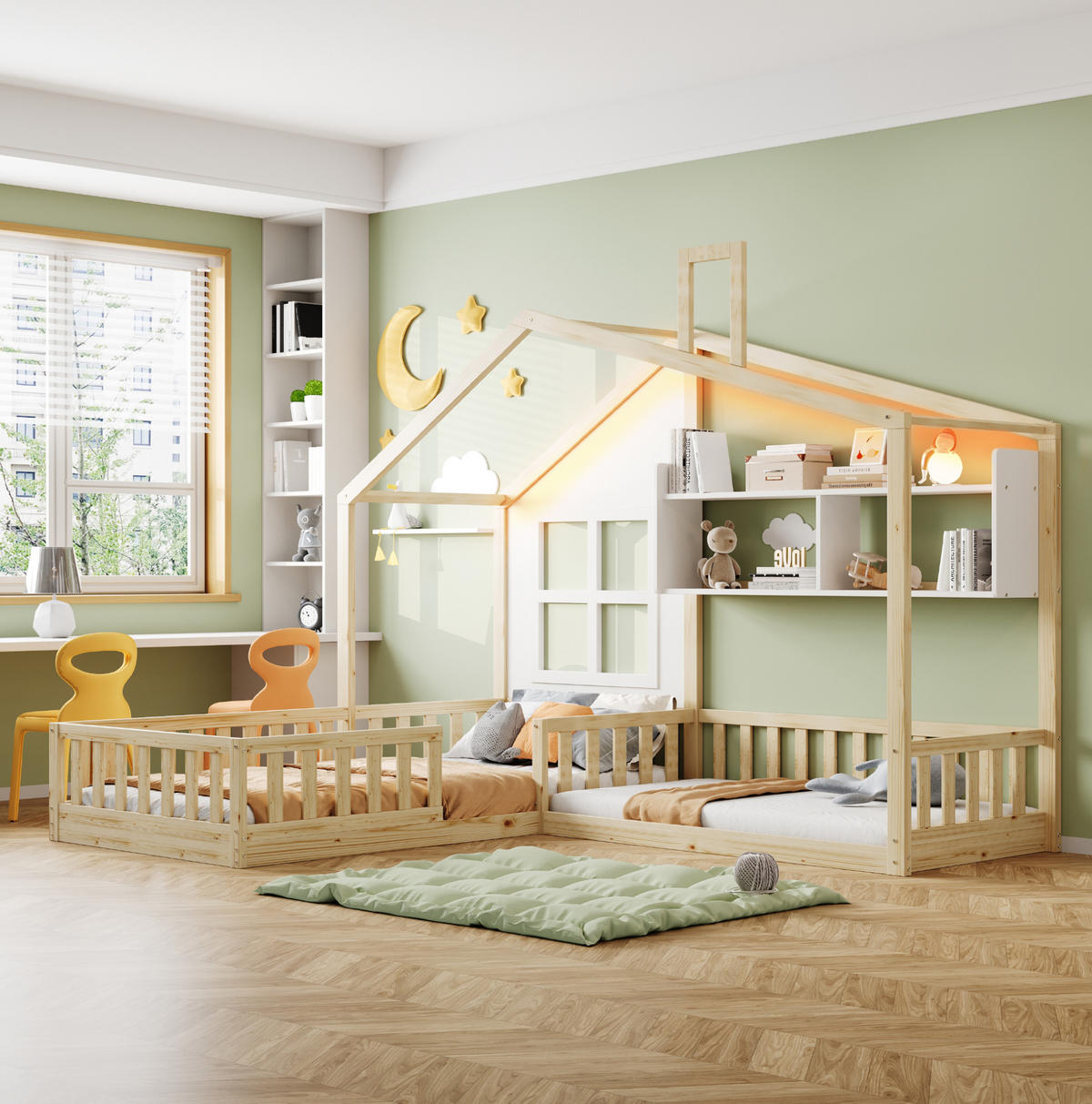 KINDERBETT 90/200 cm in Hausform mit Regalen, LED und Rausfallschutz - Naturfarben, Holz (90/200cm) - BEAOK