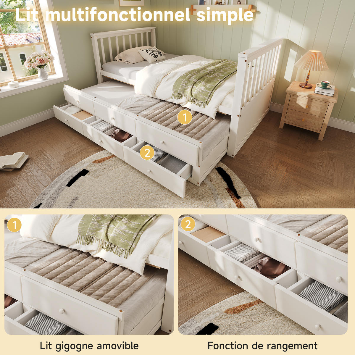 DAYBETT 90x200 cm Rollbett Schubladen weiß - Weiß, Holz (90/200cm) - LEBENLANG