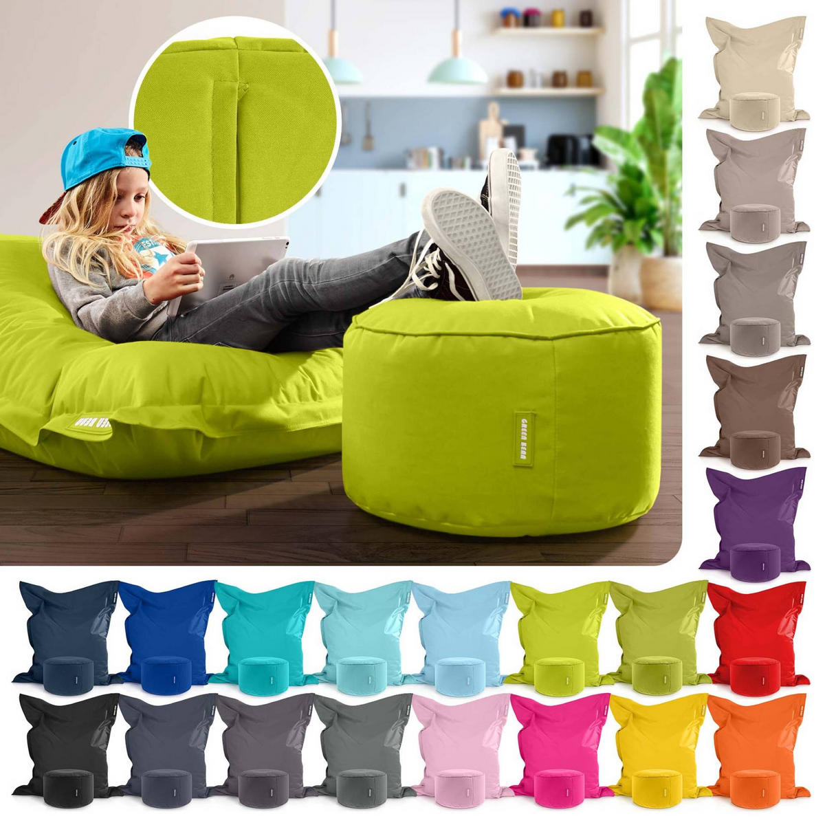 XXL-SITZSACK + Pouf 2er Set - 140x180cm - Hellgrün, Textil (140/25/180cm) - Green Bean