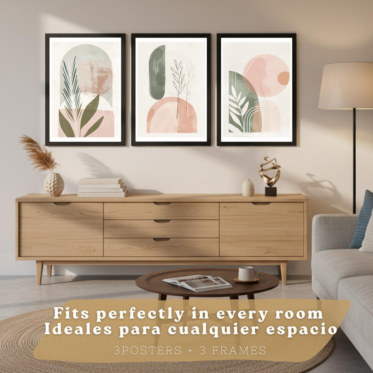 PLAKAT Sada 3 dekorativních nástěnných tisků, zelené a růžové rostliny, pro moderní dekoraci obývacího pokoje květinové motivy, velikost Černý rám A3 - černá, papír (29.7/42/3cm) - Nacnic