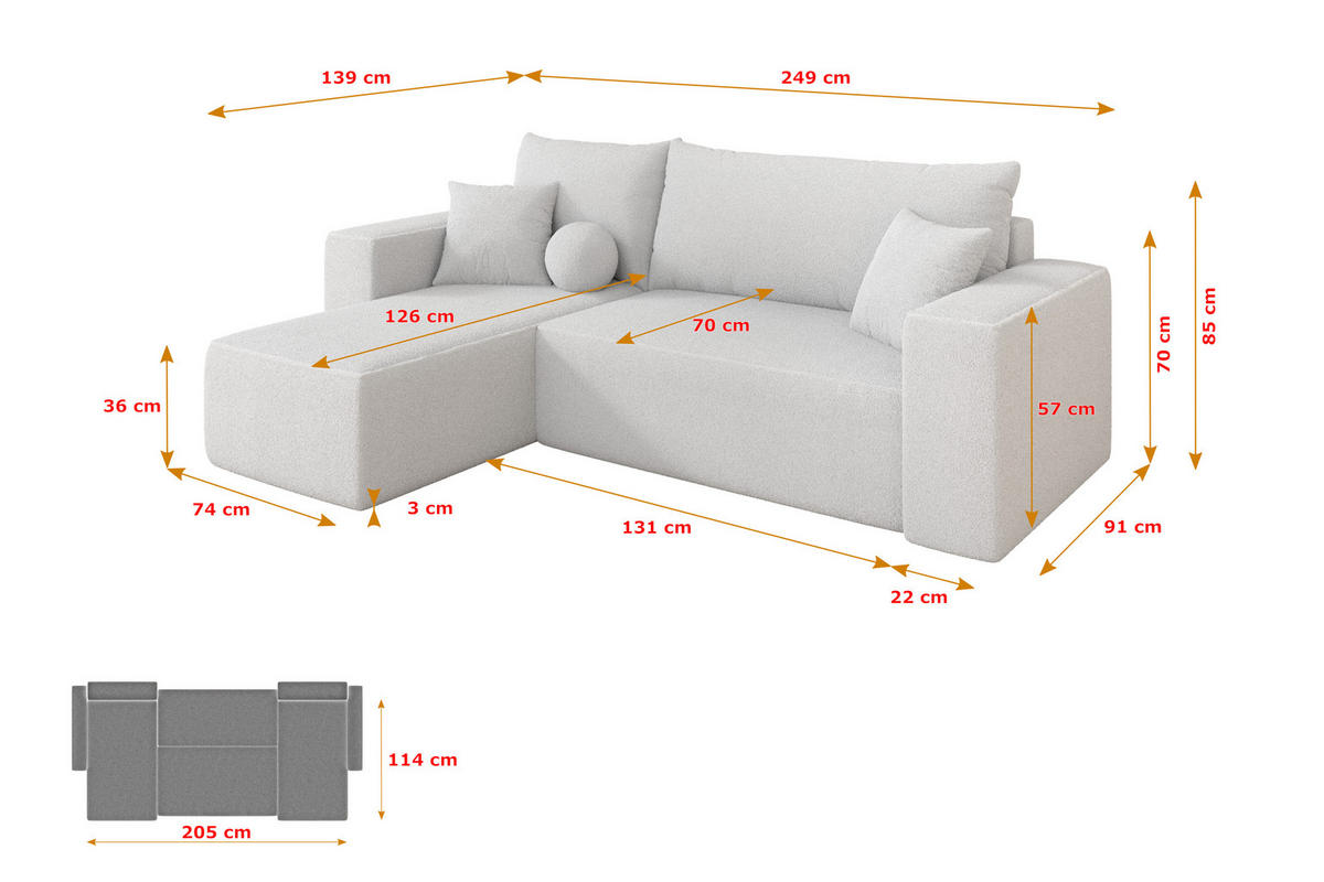 ROHOVÁ SEDAČKA s funkcí spaní, otoman vlevo SENO-L 249x139x85 bílá bouclé - bílá/černá, kompozitní dřevo/textil (249/139cm) - ALTDECOR
