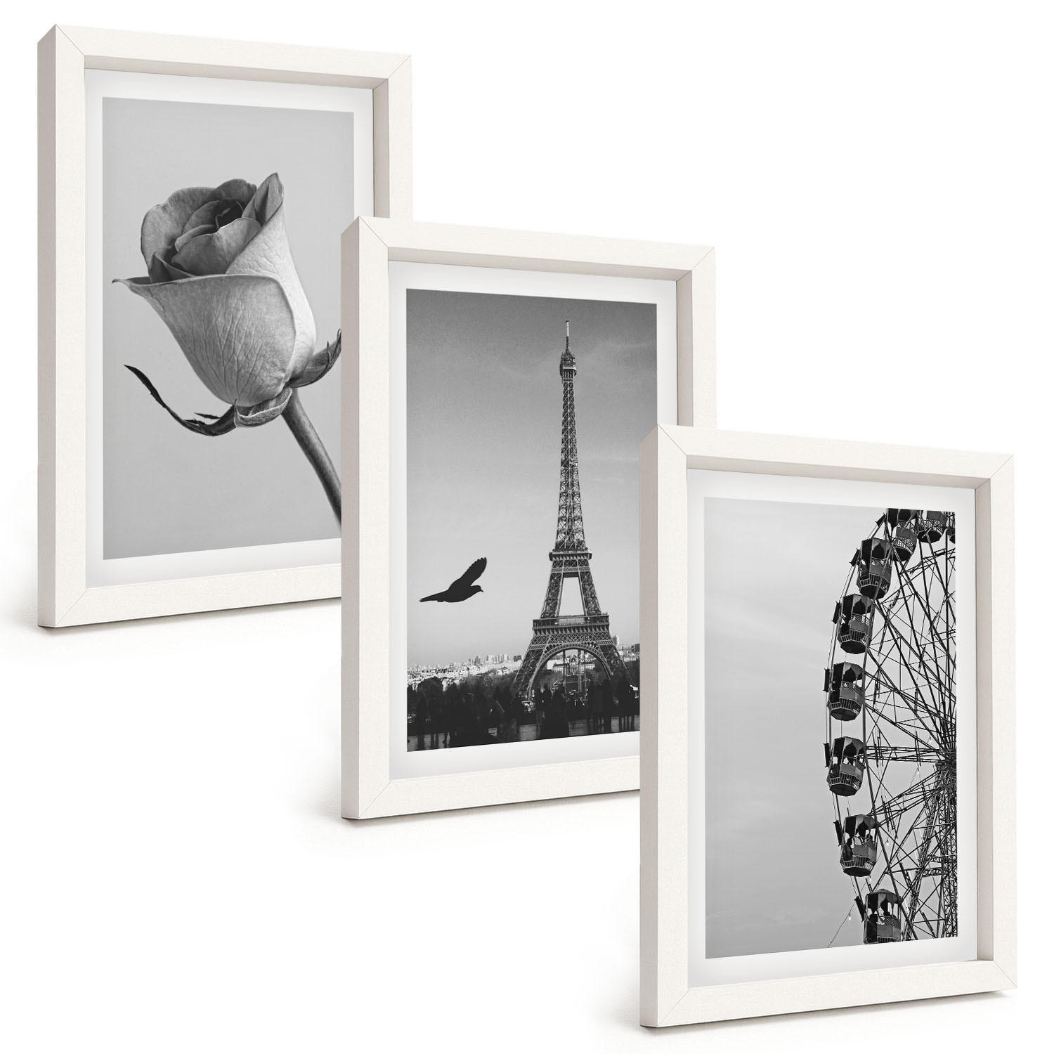 BILDER SET 3er Set - 20x30 cm Weißer Rahmen - Rose Eiffelturm Riesenrad - Weiß, Kunststoff (20/30cm) - TULUP