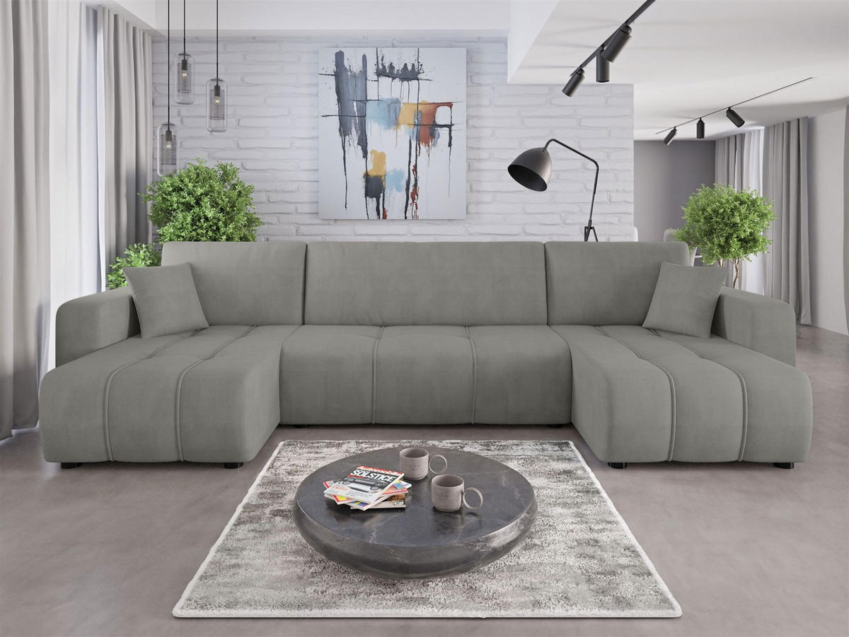 WOHNLANDSCHAFT Dagny - Hellgrau, Holzwerkstoff/Textil (317/85/146cm) - Fun Möbel