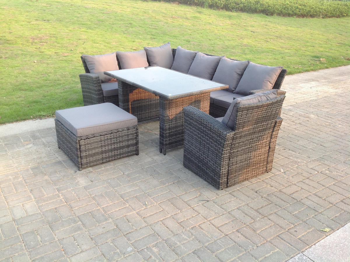 GARTEN-ECKSOFAGARNITUR mit Esstisch Polyrattan 8-Sitzer - Dunkelgrau/Grau, Glas/Kunststoff - Fimous