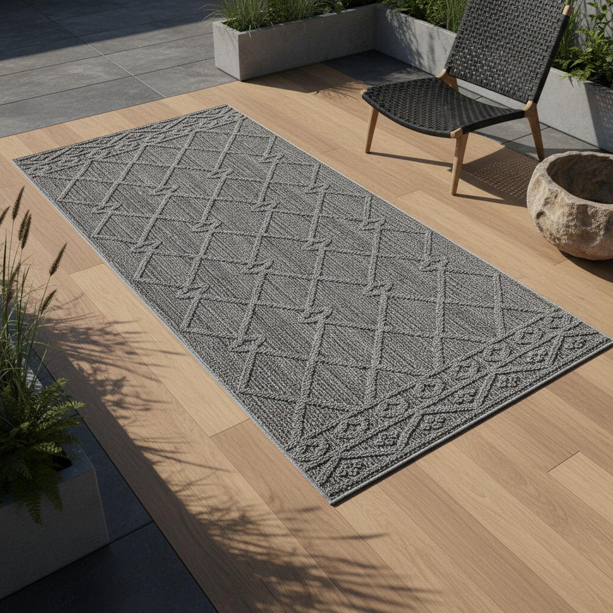 TEPPICH Outdoor Flachgewebe Berber-Muster Polypropylen Terrasse Grau Läufer 80x250 - Grau, Textil (80/250cm) - KADIMA DESIGN