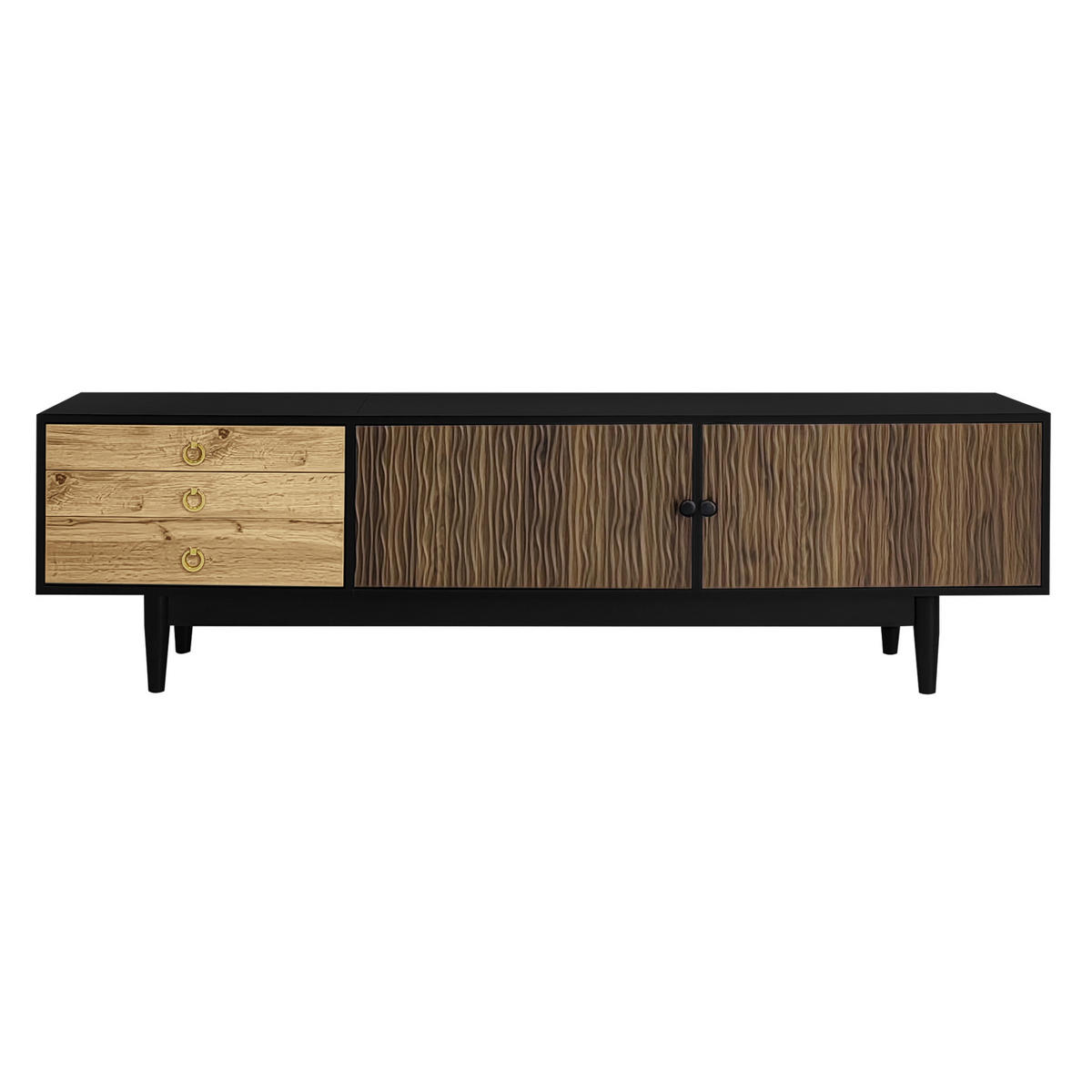 TV-LOWBOARD aus MDF und Spanplatte 180x38x50 cm Schwarz/Natur mit 2 Türen, 3 Schubladen und Wellenmuster - Schwarz, Holzwerkstoff (180/38/50cm) - Modfu