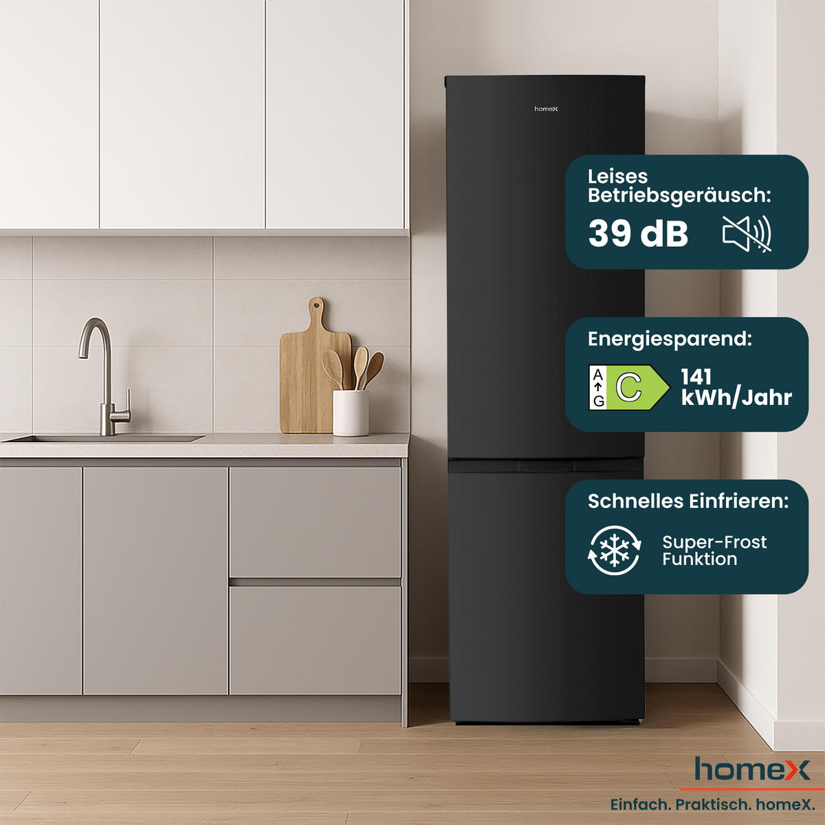 KÜHL-GEFRIER-KOMBINATION, No Frost, freistehend, groß - 253 Liter, EEK C, Kühlschrank mit Gefrierfach, schwarz - Schwarz, Glas/Kunststoff (54.5/181/61.6cm) - homeX