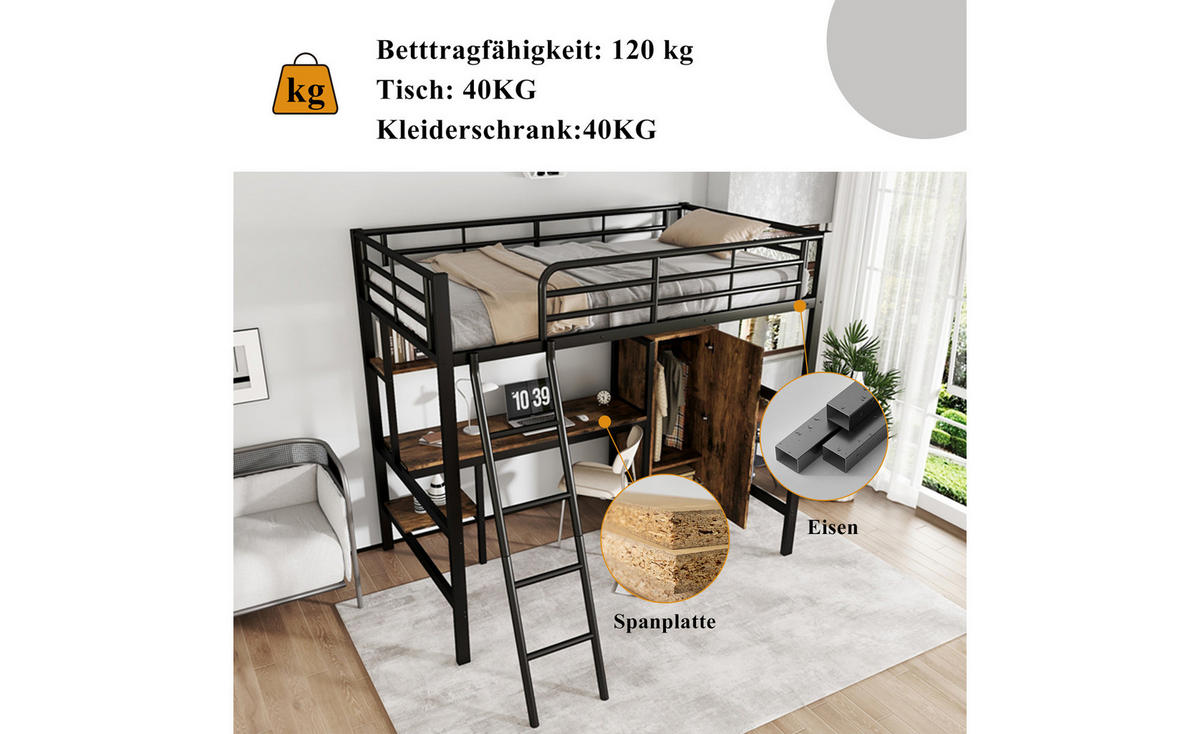 HOCHBETT Mit Bücherregalen, Schreibtisch und Kleiderschrank Schwarz - Schwarz, Holzwerkstoff/Metall - Urban Meuble
