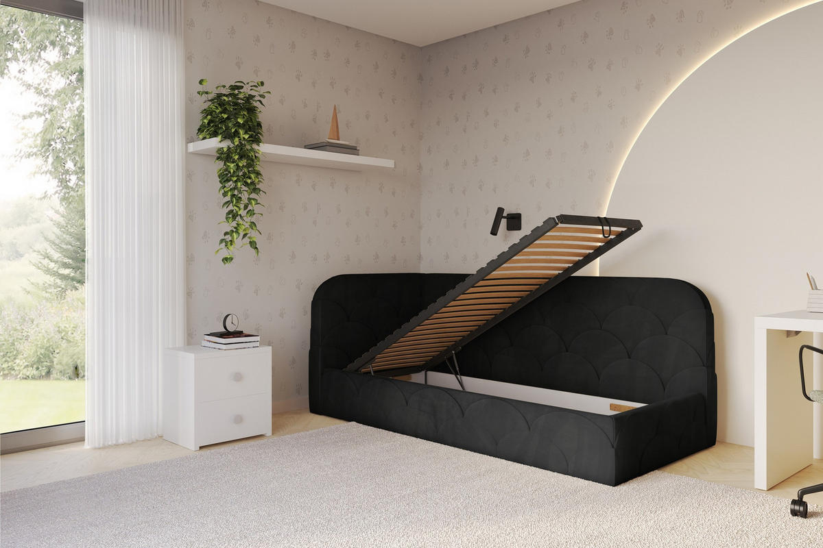 EINZELLBETT Jugendbett mit Bettkasten, Rechts - ELRY 100x200 Schwarz - Anthrazit, Holzwerkstoff/Textil (100/200cm) - ALTDECOR