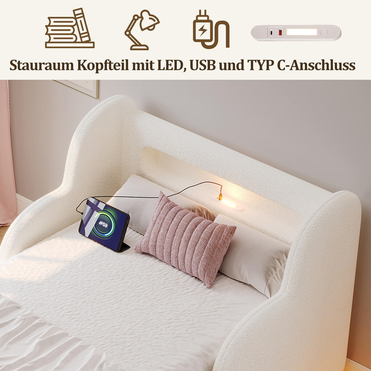 KINDERBETT 90/200 cm in Beige Bouclé mit Schutzgeländer, Nachtlicht und USB - Beige, Holzwerkstoff/Textil (90/200cm) - WISHDOR