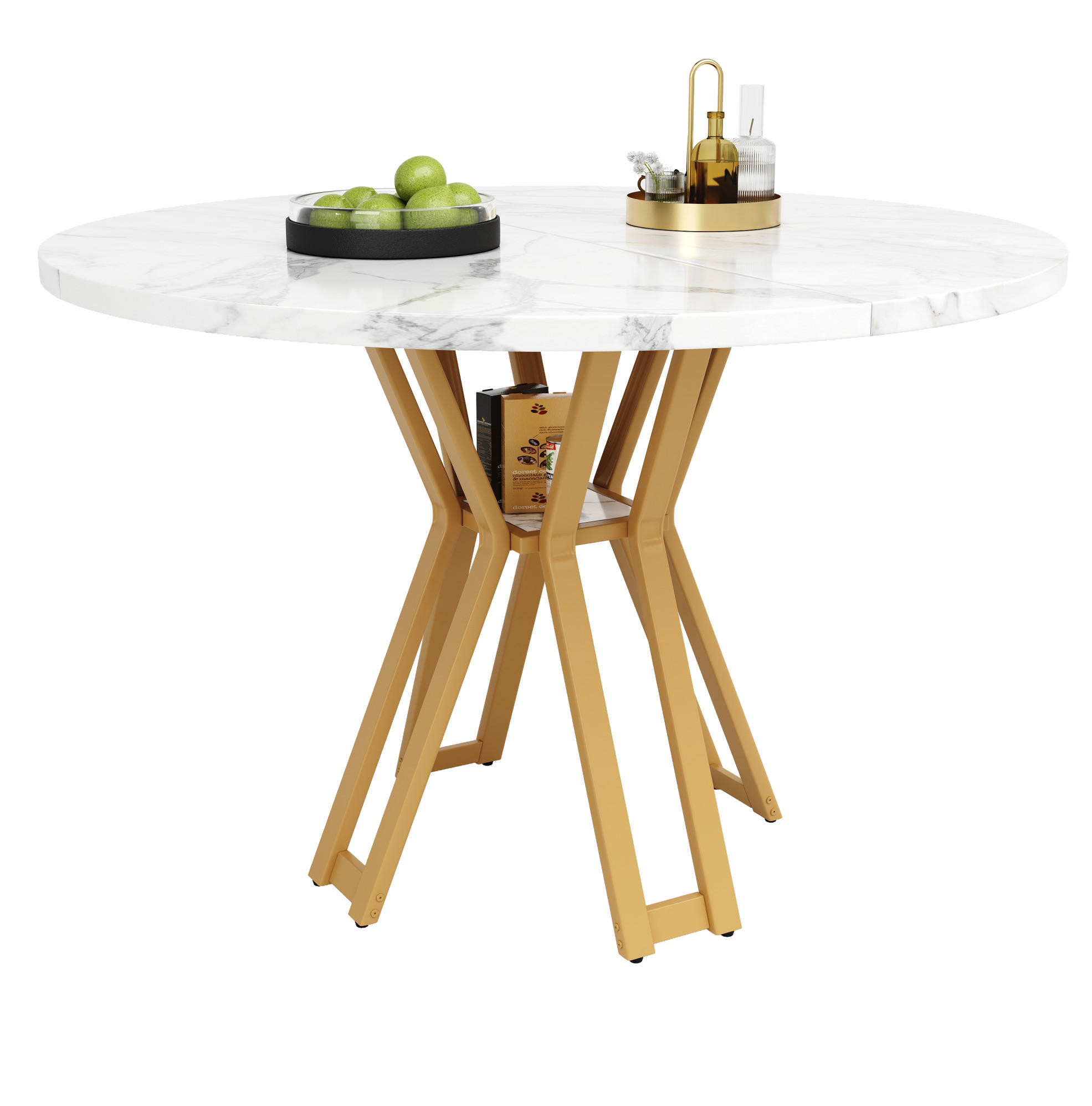 JEDÁLENSKÝ stôl, 100/100/76 cm, MDF/kov biela/zlatá s mramorovým dekorom - biela, kompozitné drevo (100/100/76cm) - BEAOK