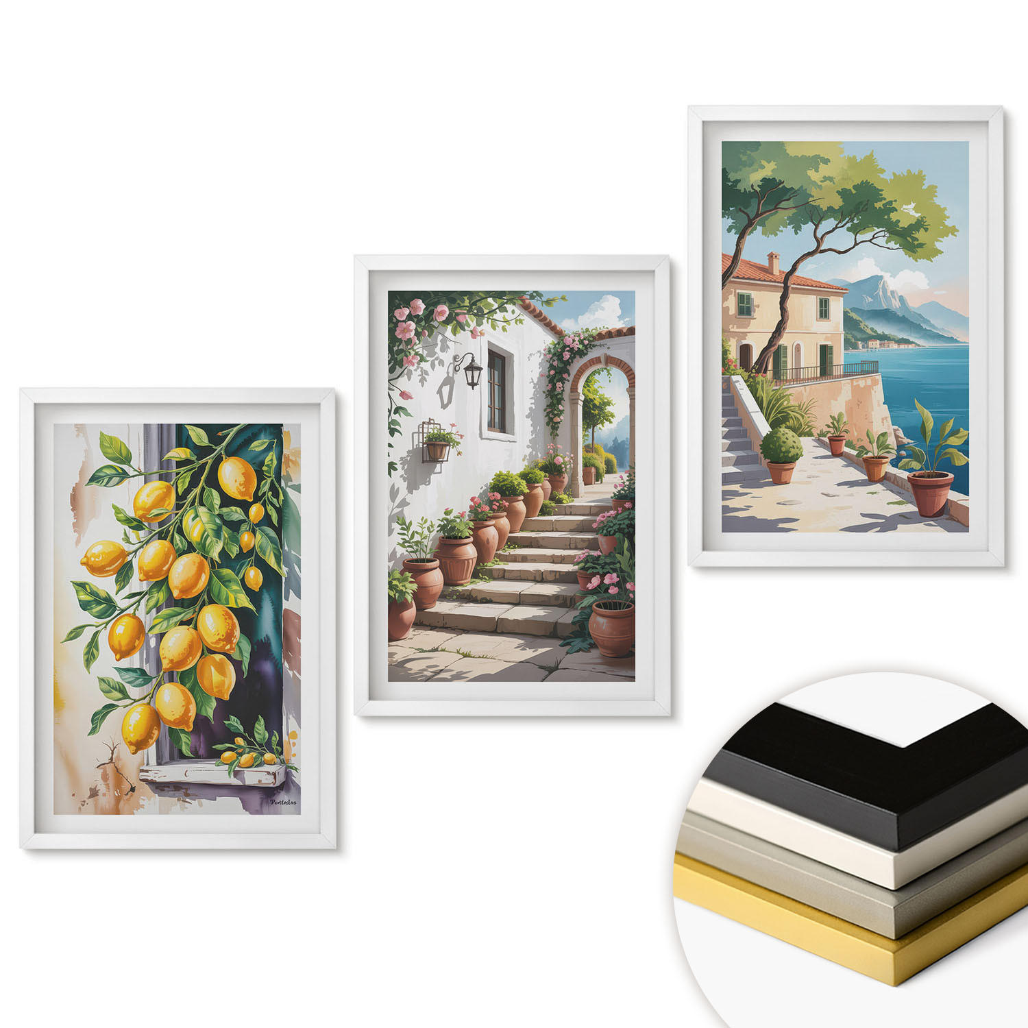 WANDBILDER 3er-Set - 40x60 cm Weißer Rahmen - Zitronen, Blumen, Meerblick - Weiß, Kunststoff (40/60cm) - ArtPrintCave