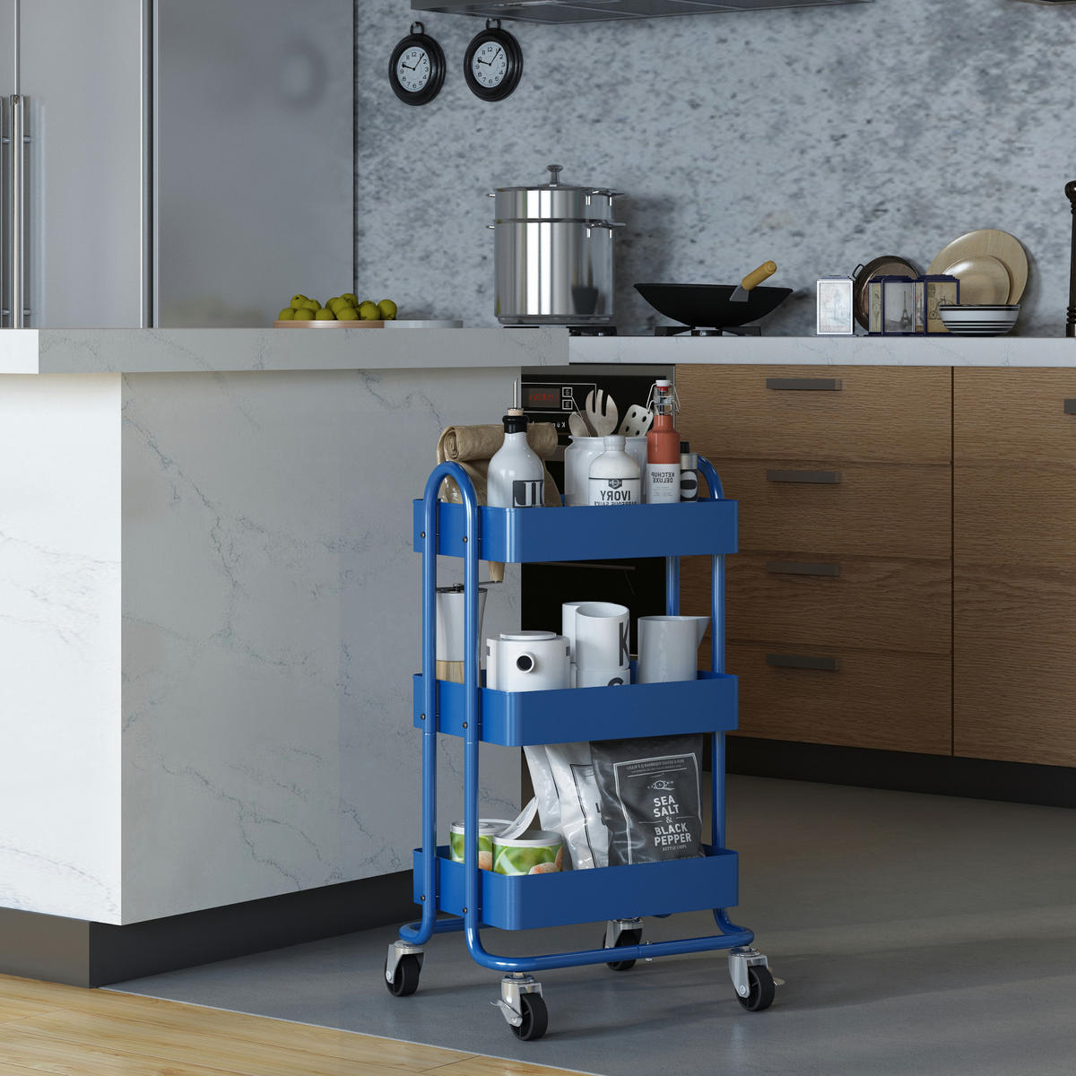 SERVIERWAGEN Pyhäntä - Blau, Metall (46/78.5/35cm) - [en.casa]
