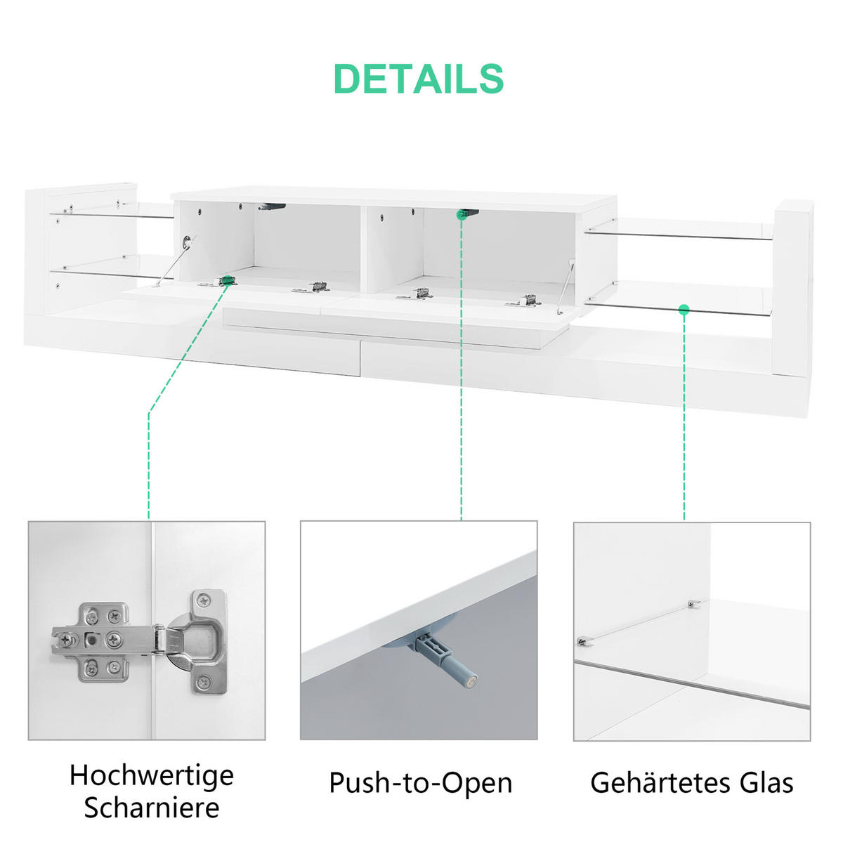 LOWBOARD 181/38/38 cm Weiß aus Spanplatte mit Hochglanzfront, Glasfront und LED-Beleuchtung - Weiß, Holzwerkstoff (38/38/181cm) - OKMYHOME