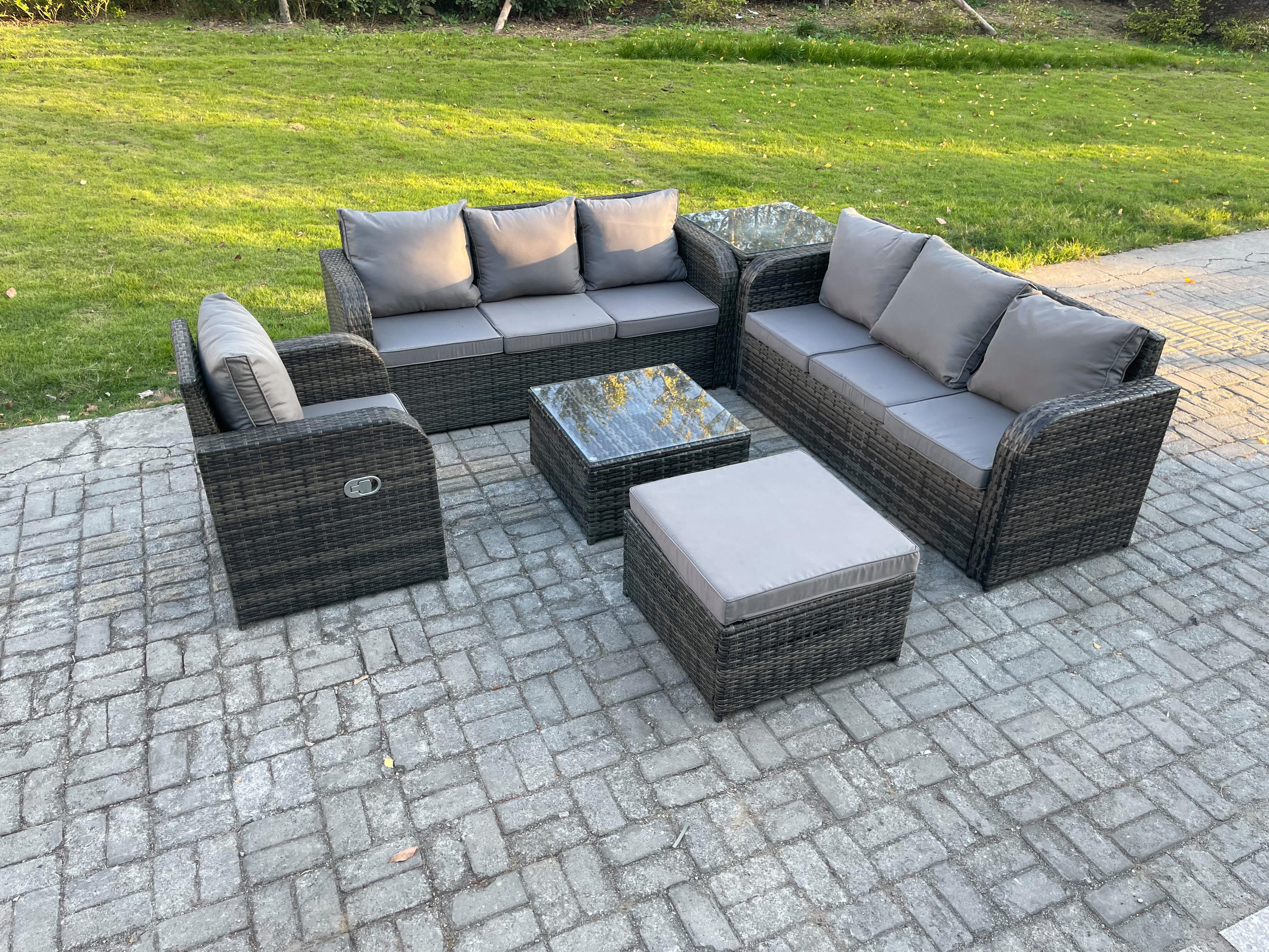 GARTENMÖBEL SET mit 3-SITZER SOFA Polyrattan Dunkelgrau 8-Sitzer - Dunkelgrau/Grau, Glas/Kunststoff - Fimous