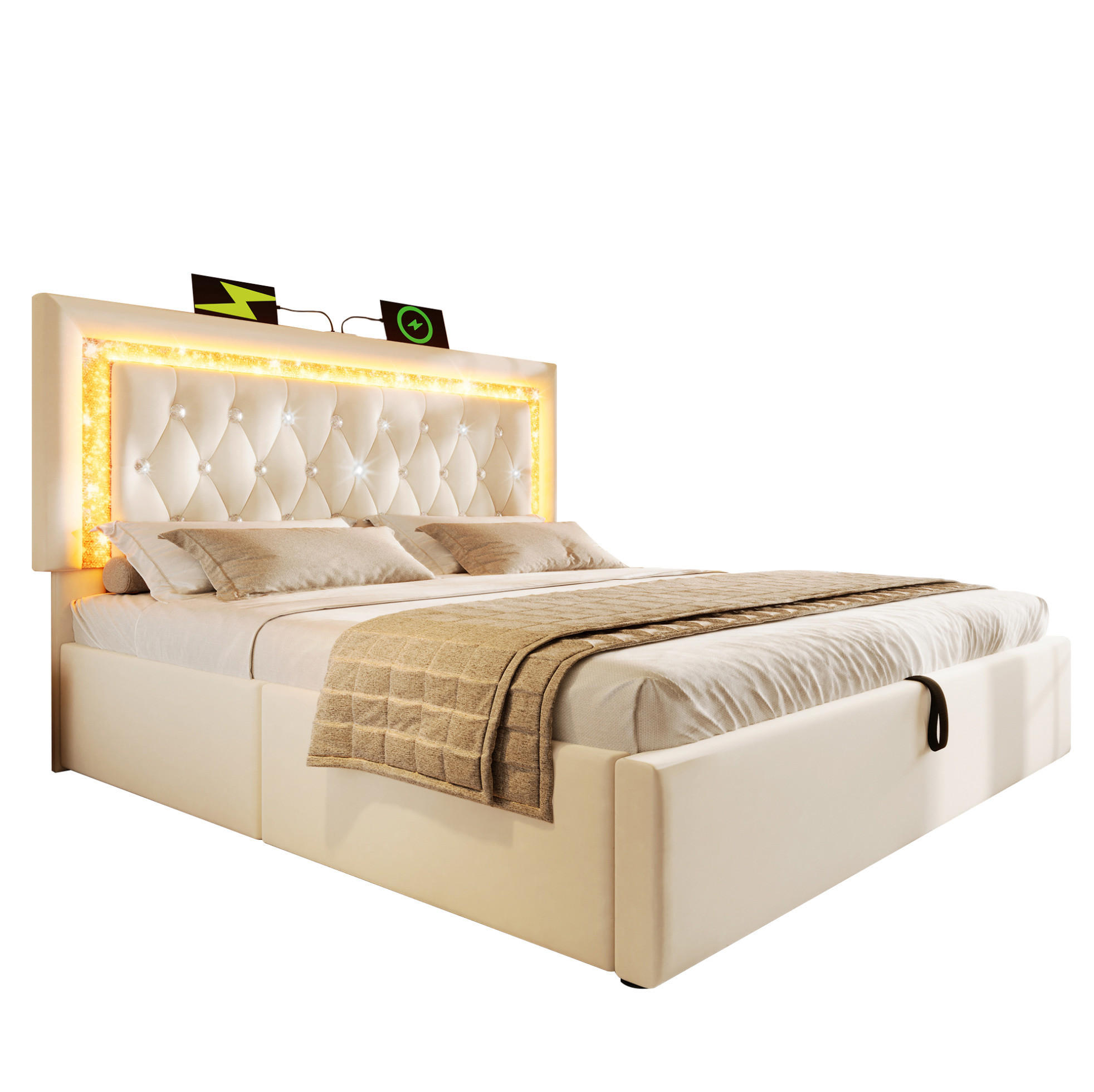 Modfu ČALOUNĚNÁ postel ze sametu 160x200 cm béžová s LED, USB, USB-C a hydraulickým úložným prostorem