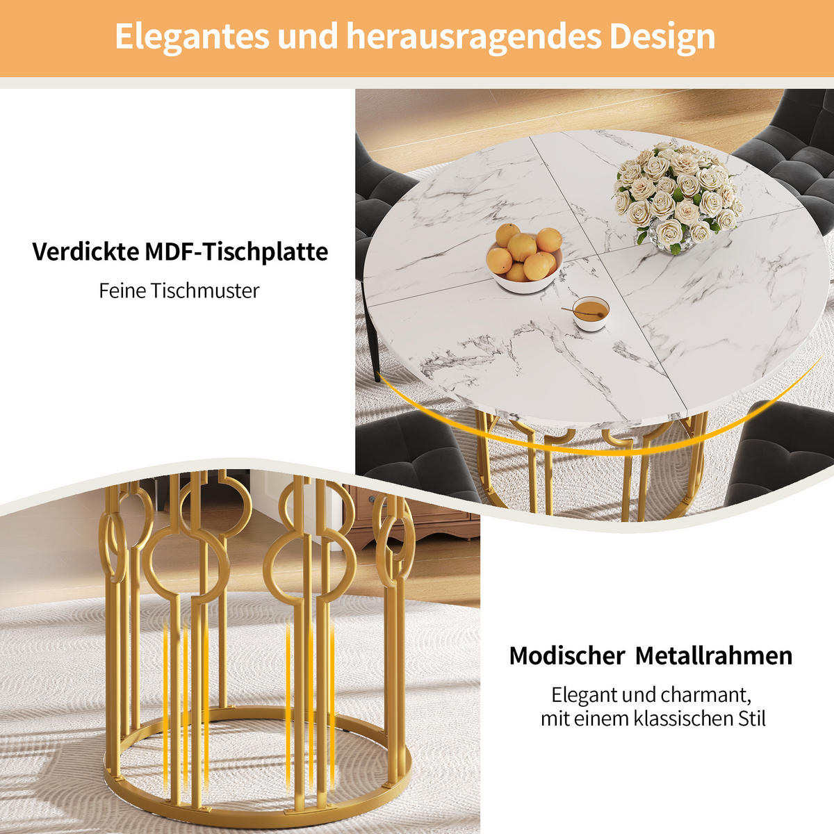 ESSTISCH SET rund Weiß Marmoroptik mit 4 Stühlen Vintage Braun - Braun, Holzwerkstoff (100/76/100cm) - Urban Meuble