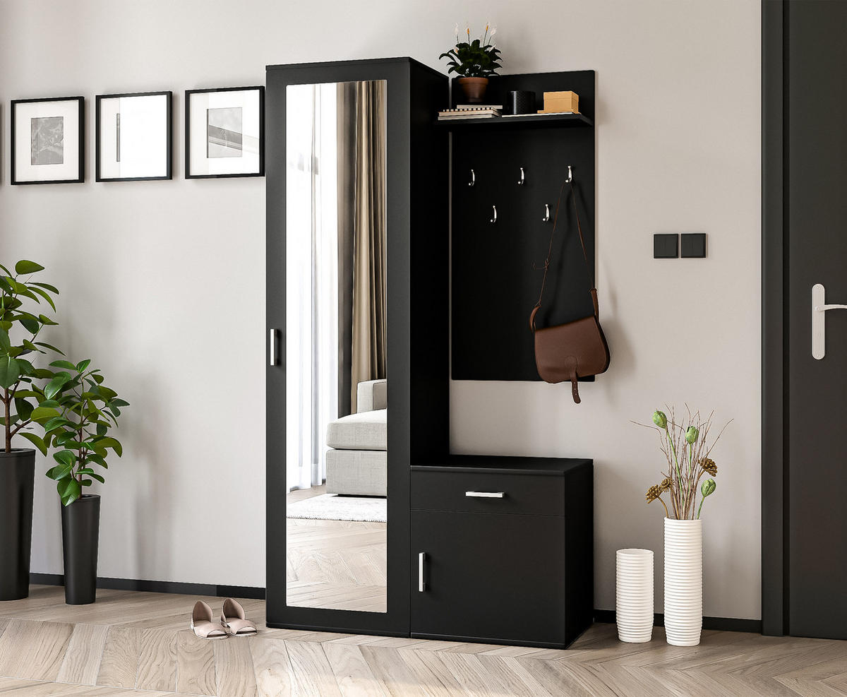 GARDEROBENSCHRANK Magnola Schwarz 100/180,5/35 cm – Modern, mit Spiegel und viel Stauraum - Schwarz, Holzwerkstoff/Kunststoff (100/180.5/35cm) - AX Living