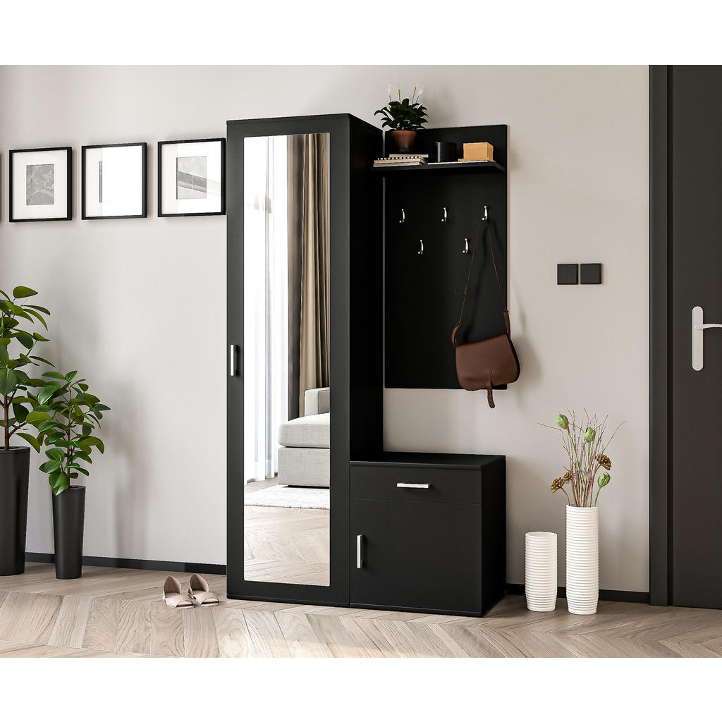 Thumbnail - AX Living Garderobenschrank, Schwarz, Holzwerkstoff, Kiefer, 1 Schubladen, Rechteckig, 100x180.5x35 cm, Hergestellt in E...