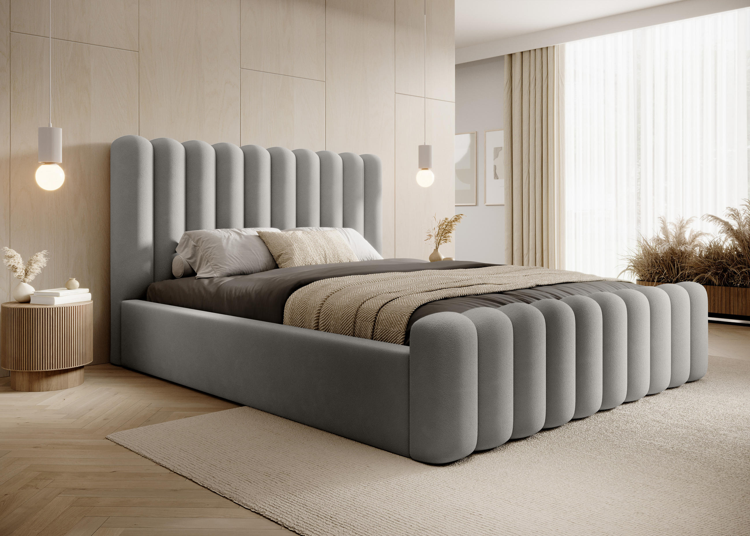 POLSTERBETT Langlebiges Polsterbett Mona VII, modernes Design, geräumiger Bettkasten, pflegeleichter Stoff 200x200 cm, Esche - Eschefarben/Schwarz, Holzwerkstoff/Kunststoff (200/200cm) - DomoHome