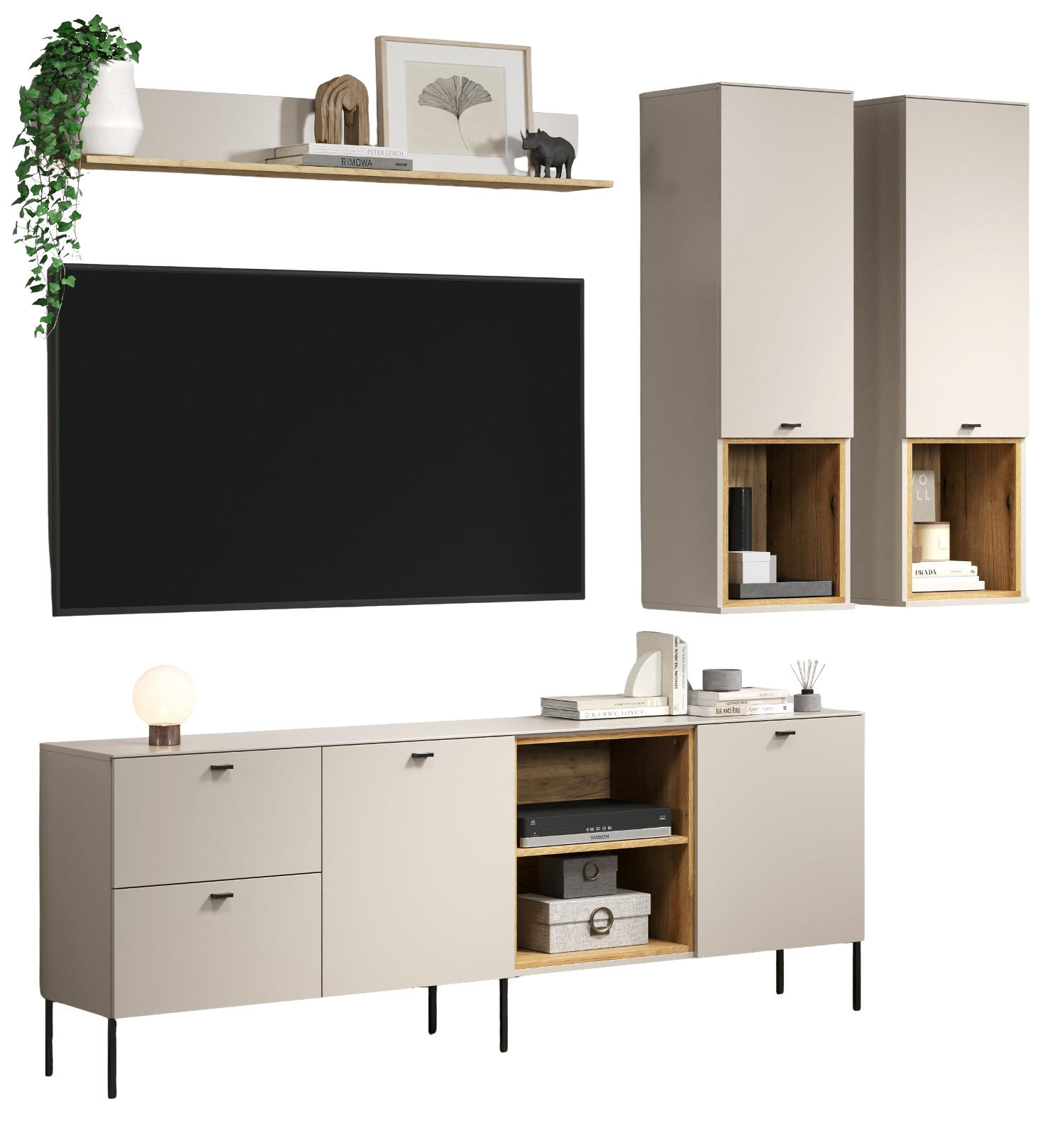 WOHNWAND Kaschmir, Eiche 4-teilig 250 cm, Schrankwand mit Soft-Close - Sandfarben/Kaschmir, Holzwerkstoff/Metall (140/20/22cm) - Top.Furn