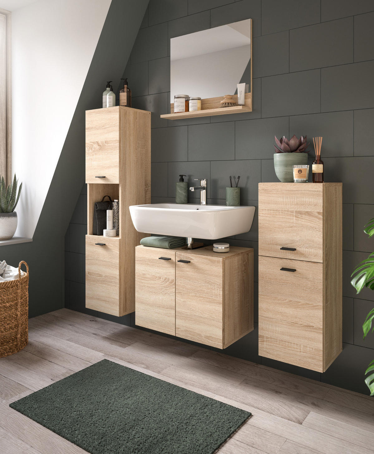 BADMÖBEL-SET Eiche 4-teilig 140 cm, Komplettset hängend oder stehend - Eichefarben, Glas/Holzwerkstoff (137/186/33cm) - Inn.Furn