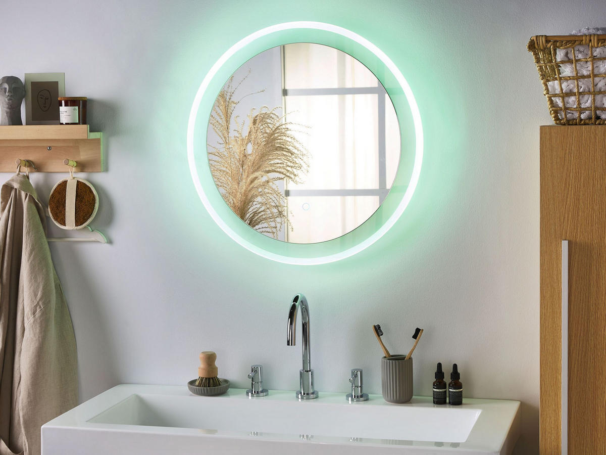 BADSPIEGEL mit LED-Beleuchtung 58 cm Brinay - Silberfarben, Glas (60/60/4cm) - Beliani