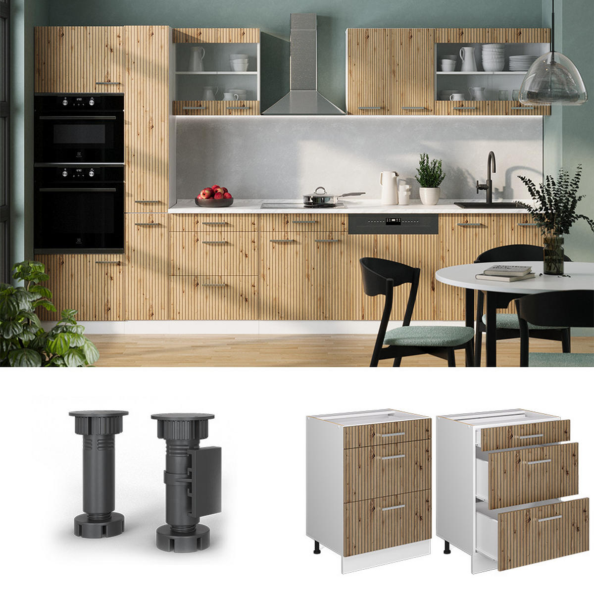 KÜCHENSCHRANK R-Line Artisan-Eiche 60 cm mit Schubladen AP Marmor - Weiß/Eiche Artisan, Holzwerkstoff (60/81.6/60cm) - Vicco