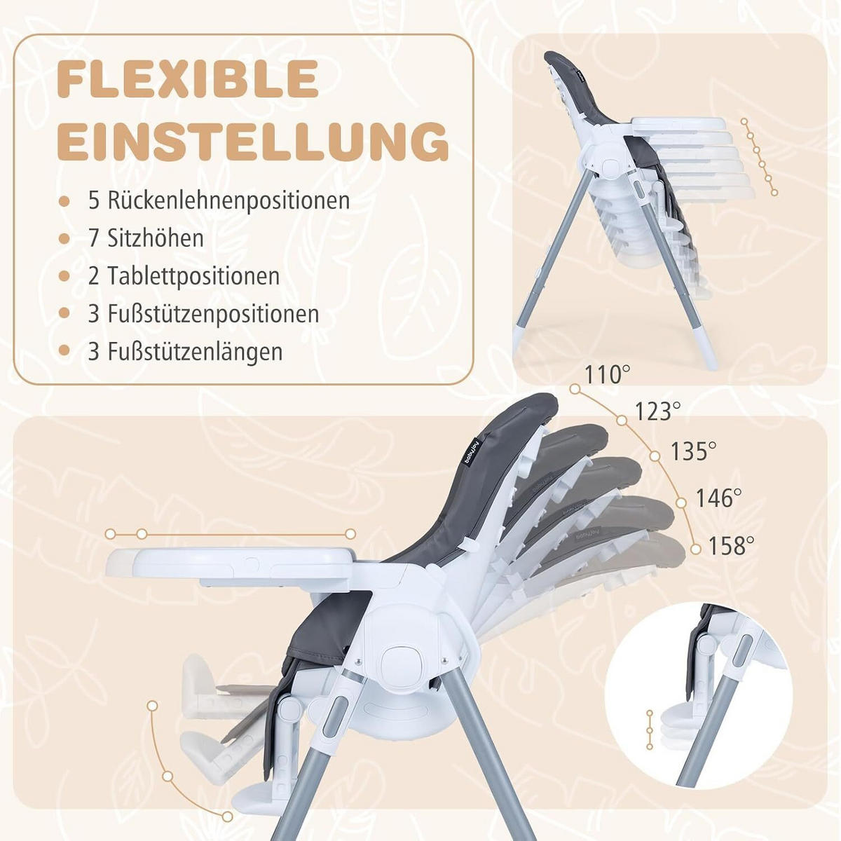 BABYSTUHL mit Spielbügel & Rollen dunkelgrau - Dunkelgrau, Metall (72/90.5/54cm) - COSTWAY