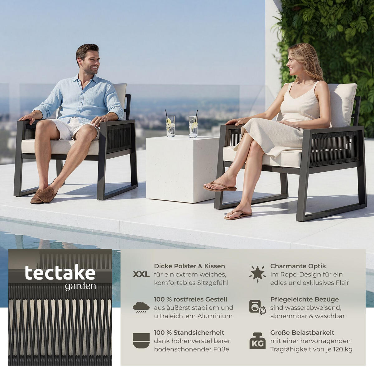 ALUMINIUM GARTEN-LOUNGE SET Captive, höhenverstellbare Füße, anthrazit - Anthrazit, Kunststoff/Metall - tectake