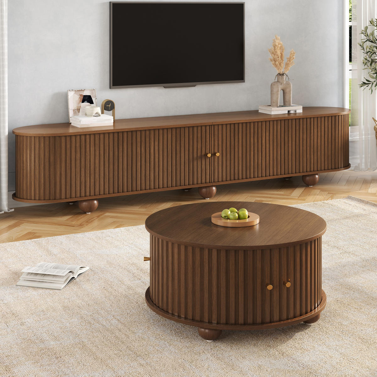 TV-SCHRANKSET Couchtisch Rund Relief Schiebetüren MDF - Walnussfarben, Holzwerkstoff (180/45/35cm) - FLIEKS