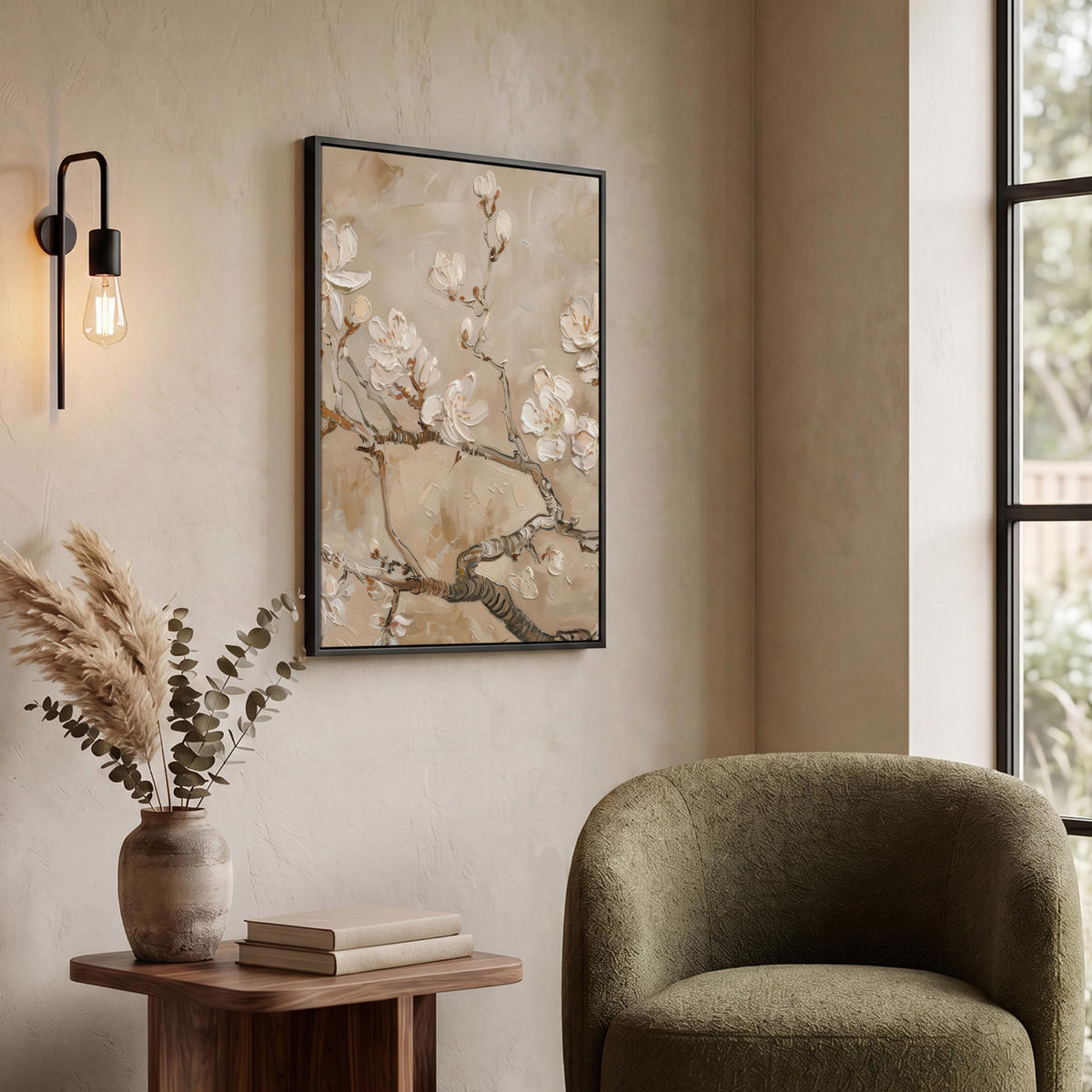 LEINWAND Bilder mit Rahmen - Blumen - Modern - Beige - Weiß - Blüte - 50x70 - Beige, Textil (50/70cm) - MuchoWow