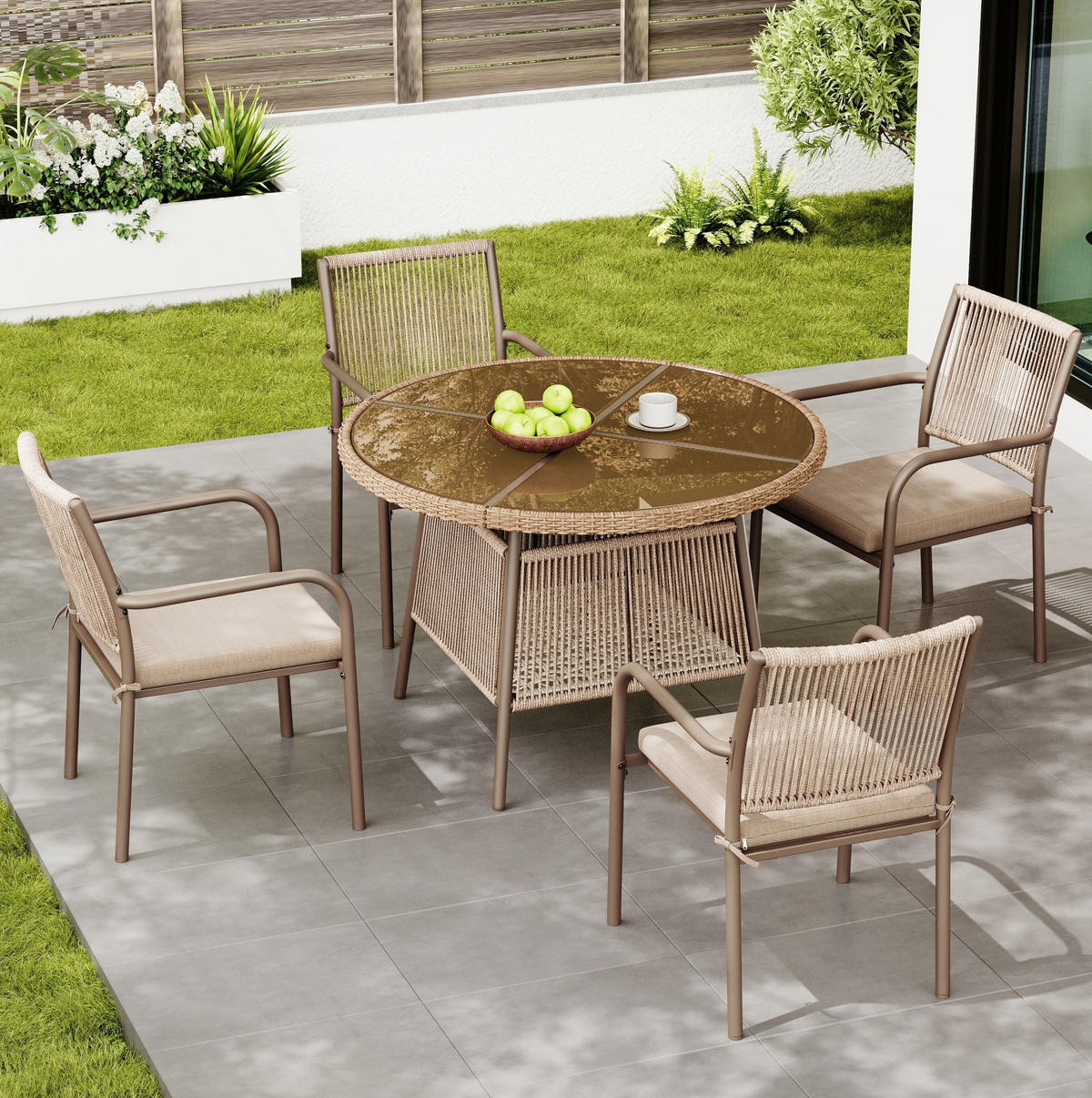 GARTENMÖBEL-SET 110/110/74 cm mit rundem Glastisch, 4 Sesseln und Sitzkissen, Braun - Braun, Metall - Redom