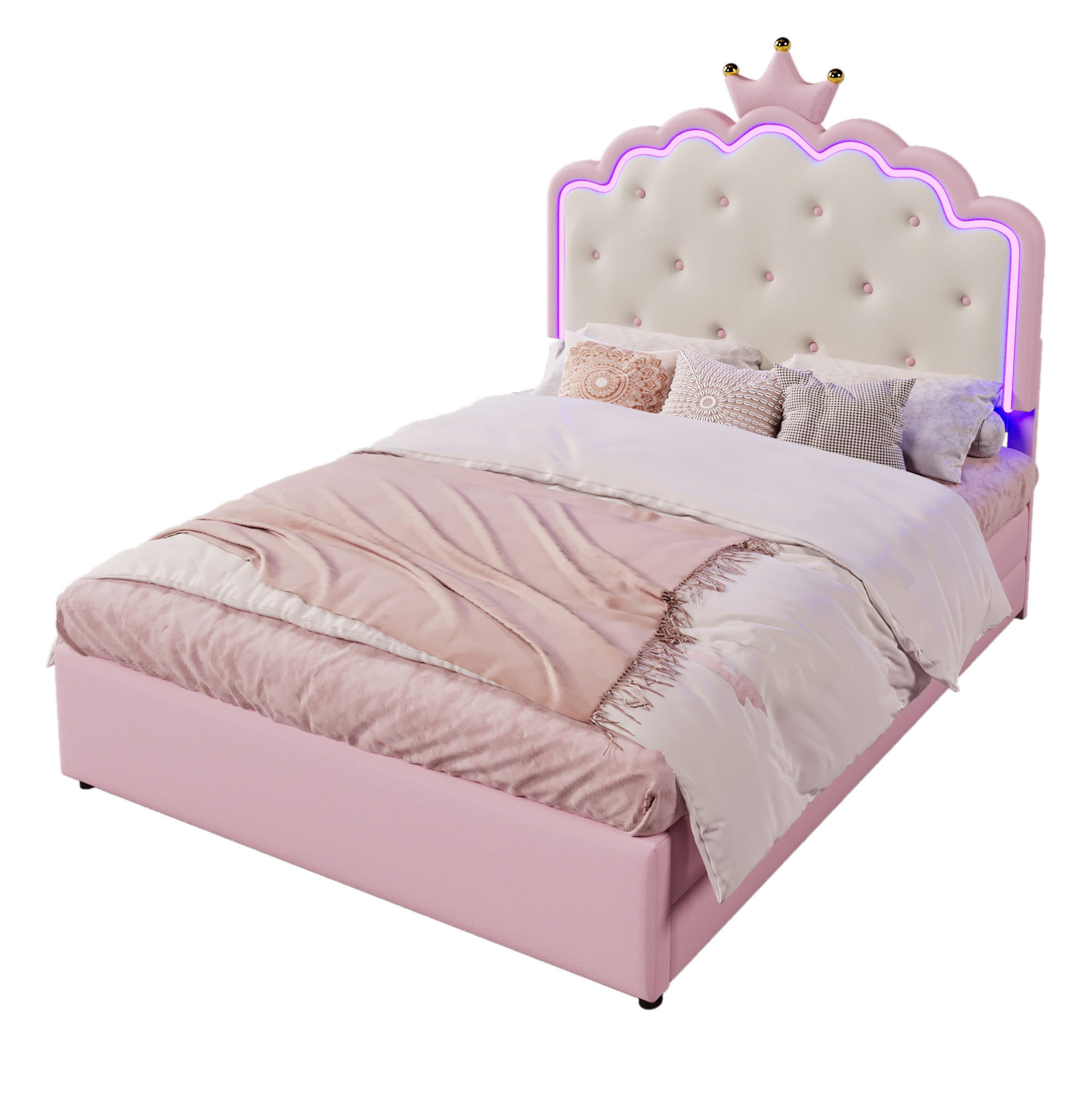 Modfu DĚTSKÁ čalouněná postel z PU a MDF 140x200 cm růžová s LED osvětlením, výsuvným lůžkem a 2 zásuvkami