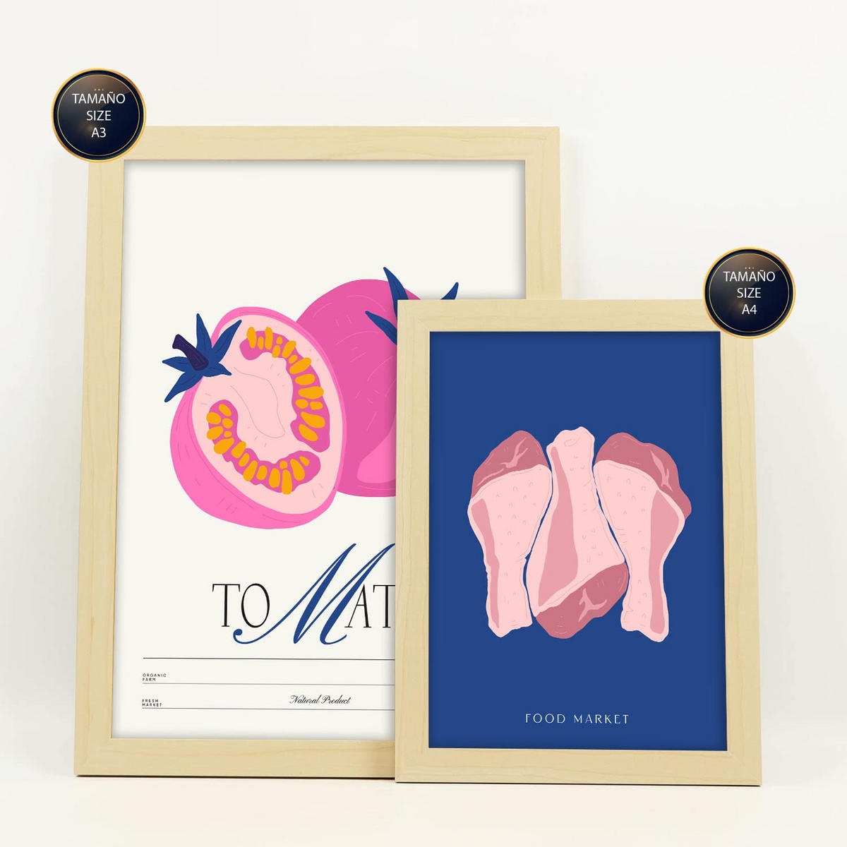 POSTER Set Mit 6 Lebensmittel Und Ernährungs Rosa Essen Natur Und Botanikdrucke Für Innenarchitektur A3 & A4 Rahmen Aus Hellem Holz - Beige, Papier (29/3cm) - Nacnic