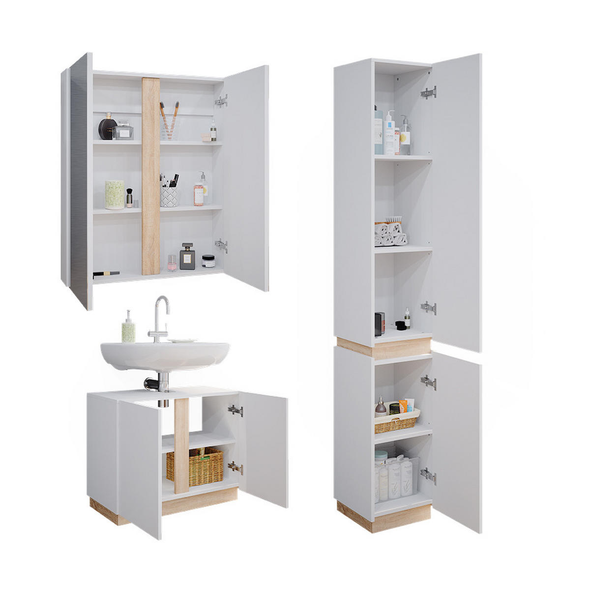 BADMÖBEL-SET Gloria Weiß 3 Teile, mit Hochschrank - Weiß/Sonoma Eiche, Holzwerkstoff (70/55/34cm) - Vicco