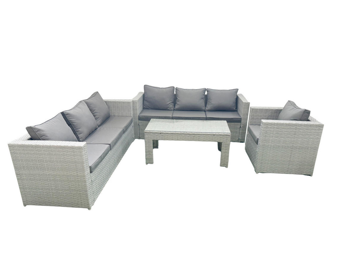 GARTENSOFA hohe Rückenlehne Polyrattan Hellgrau-Mix 7-Sitzer - Hellgrau/Grau, Glas/Kunststoff - Fimous