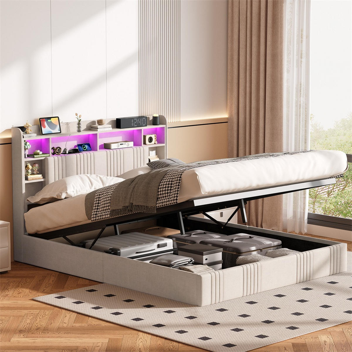 POLSTERBETT 160x200 cm mit LED-Beleuchtung - Kopfteil-Stauraum, Ladestation und hydraulischem Stauraum - Beige - Beige, Textil (160/200cm) - DELFA