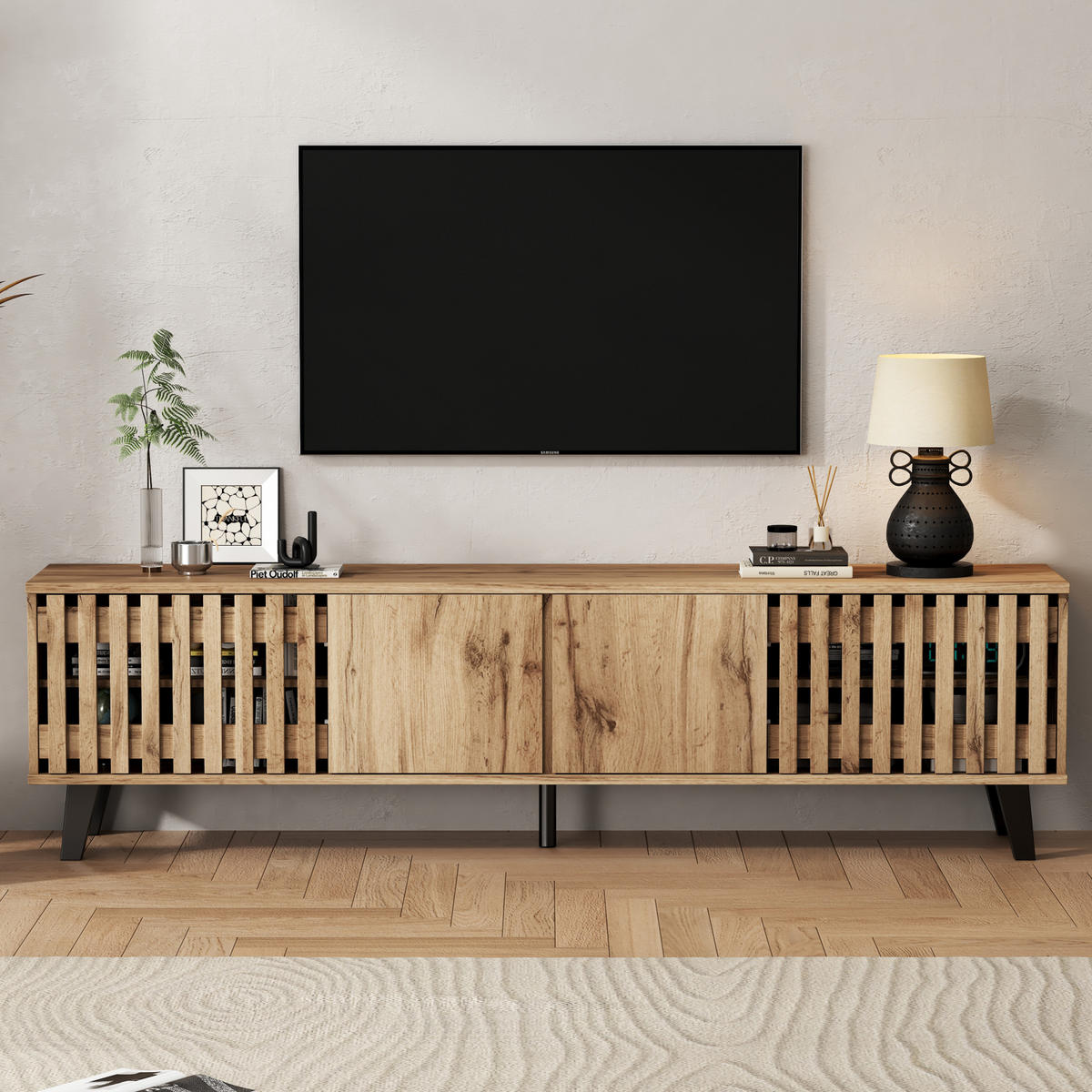 TV-SCHRANK 180/40/55 cm Naturholzfarbe aus Spanplatte mit 8 Fächern - Hellbraun, Holzwerkstoff (180/55/40cm) - OKWISH