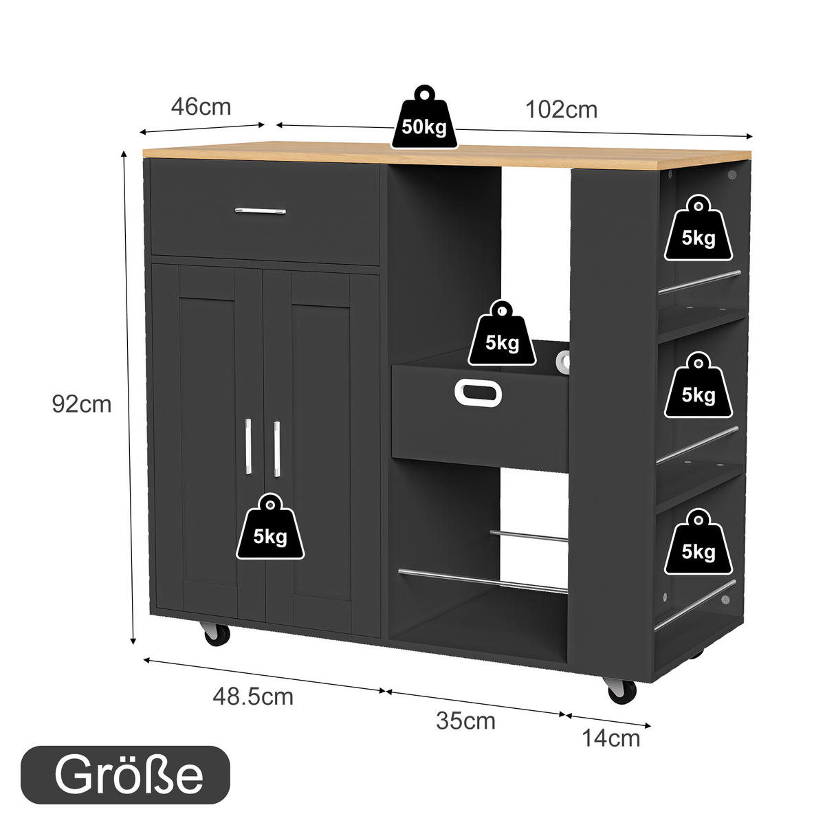 KÜCHENWAGEN rollbar 3 Ebenen Gewürzregal offen schwarz - Schwarz, Holz (46/92/102cm) - LEBENLANG