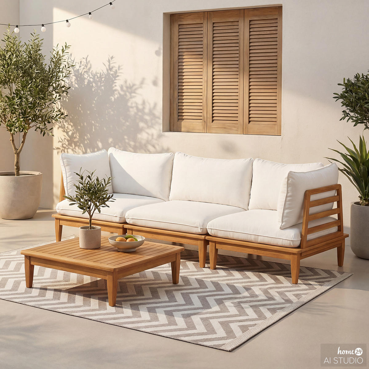 LOUNGEGRUPPE - 4-teilig - Akazie massiv / Webstoff - Akazie Braun / Creme - Creme/Akaziefarben, Holz/Textil - home24