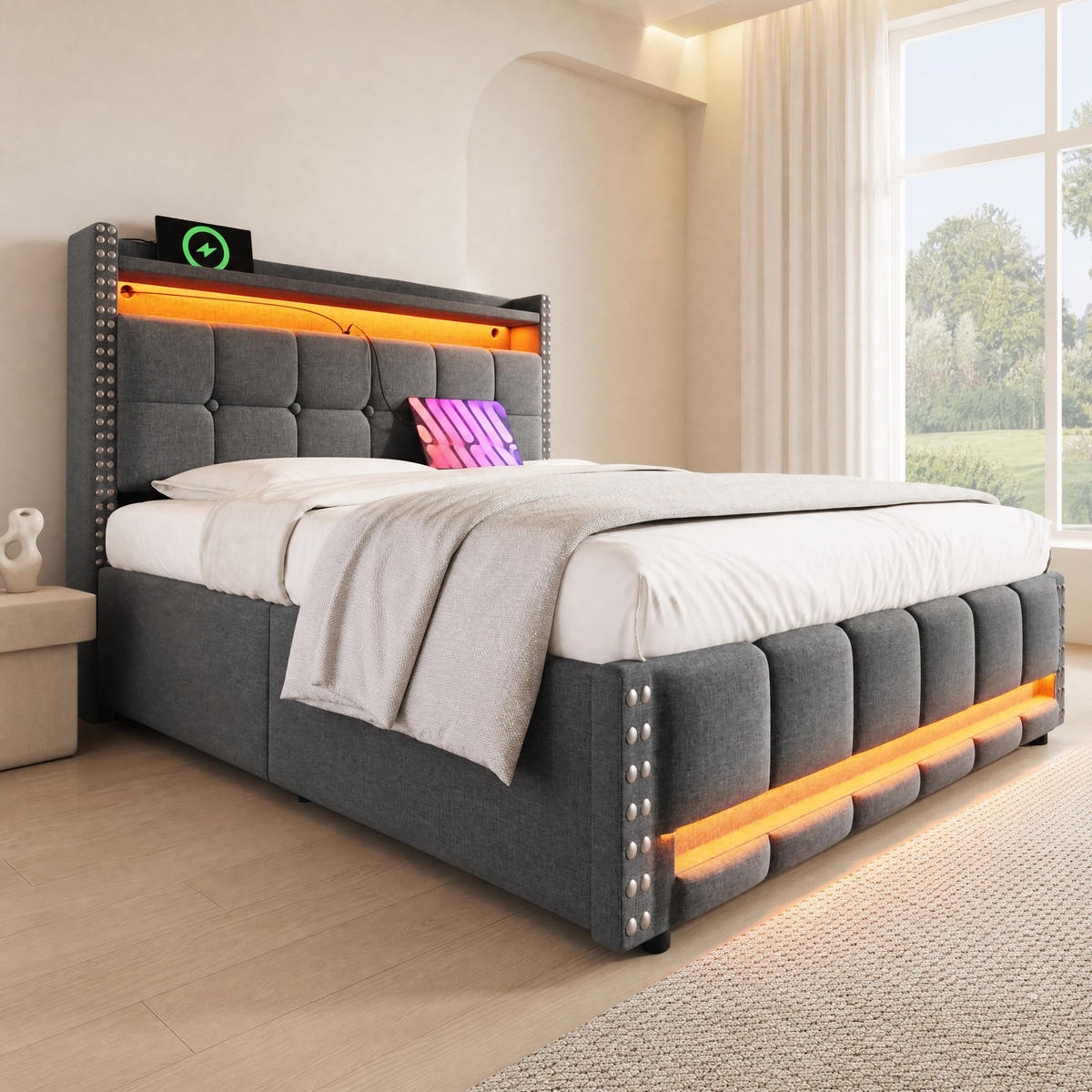 POLSTERBETT 140/200 mit LED, USB, 4 Schubladen, Kopfteil-Stauraum und Lattenrost in Grau - Grau, Holzwerkstoff/Textil (140/200cm) - EVRYAE