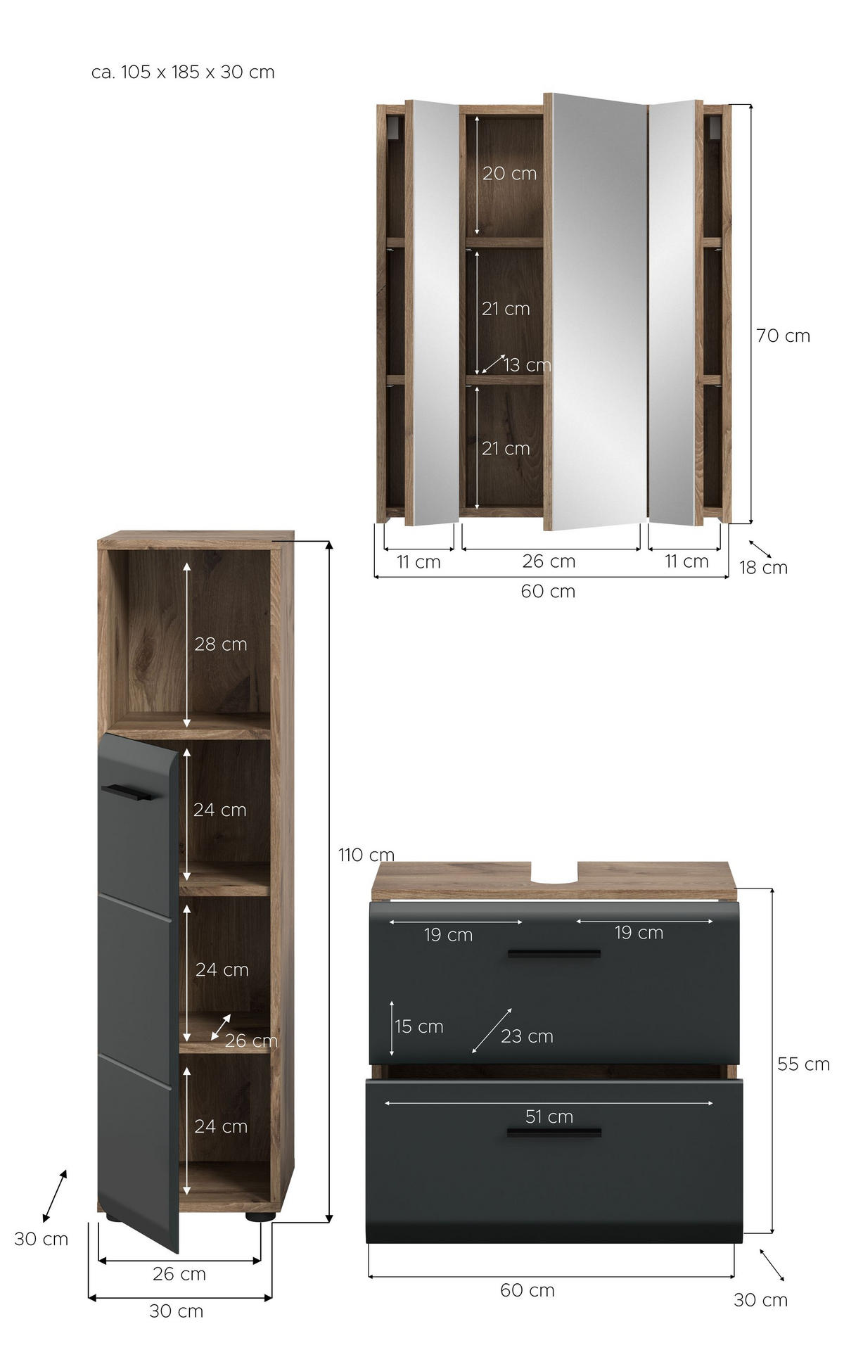BADEZIMMER Alba 3-tlg. (B/H/T: ca. 105/185/30 cm) in Nox Oak /schwarz matt - Eichefarben, Holz (105/185/30cm)