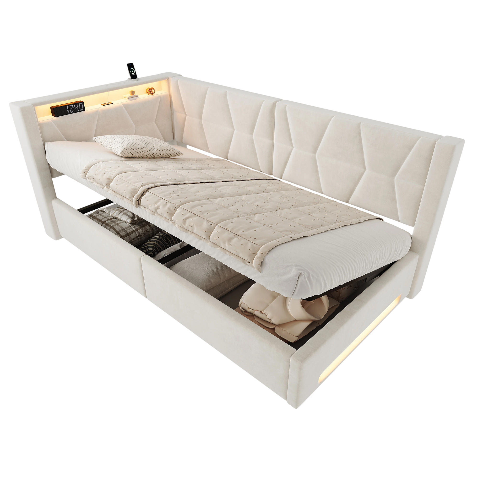 BOXBETT 90/200cm, LED/USB-C, Bettkasten, Lattenrost, Beige - Beige, Holz/Metall (90/200cm) - LVHOM