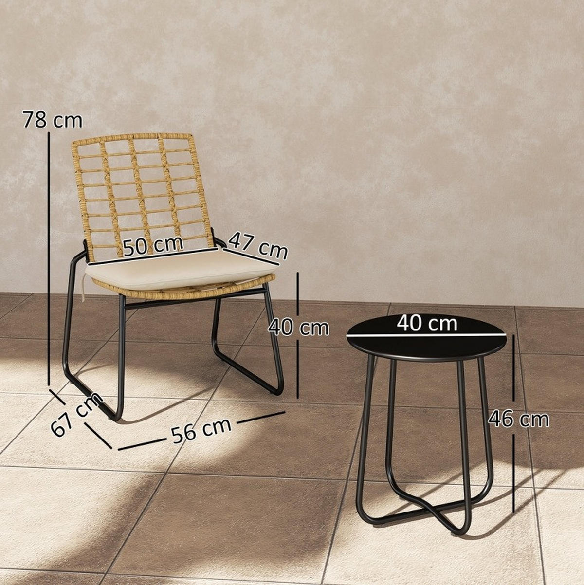 GARTENMÖBEL-SET 56/67/78 cm beige aus Rattan mit stapelbaren Stühlen - Beige, Naturmaterialen - OKWISH