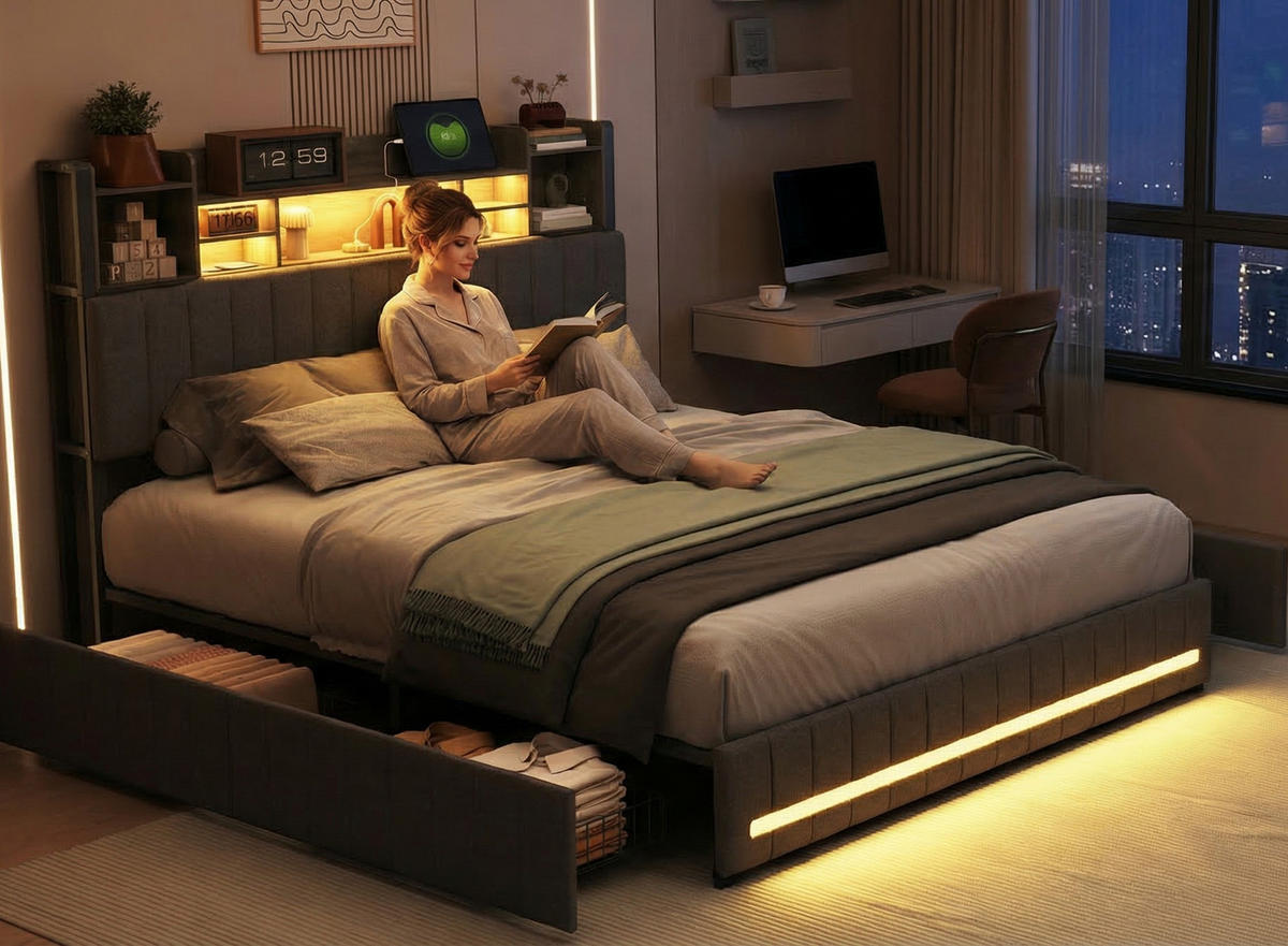 STAURAUMBETT 140x200 cm in Grau mit gepolstertem Kopfteil & Ladestation - Grau, Holz/Metall (140/200cm) - PARAFTA HOME